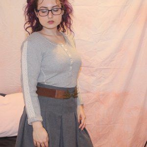 Grey Striped Long-sleeve Half-button with Lace